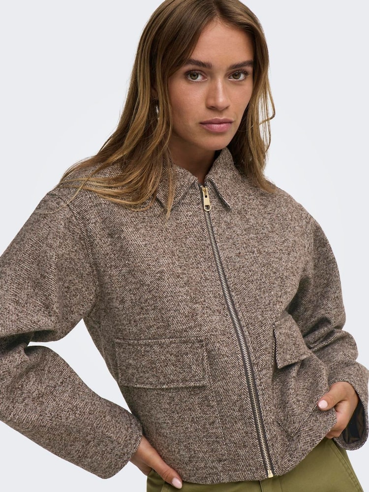 JDY Brown Zip Herringbone Jacket - Image 1 of 6 JDY Brown Zip Herringbone Jacket - Image 1 of 6