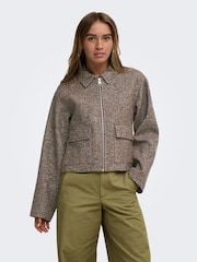 JDY Brown Zip Herringbone Jacket - Image 3 of 6
