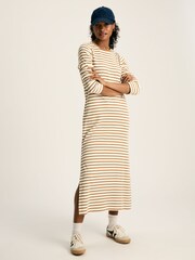Joules Cleo Tan Brown Striped Long Sleeve Jersey Midi Dress - Image 1 of 7