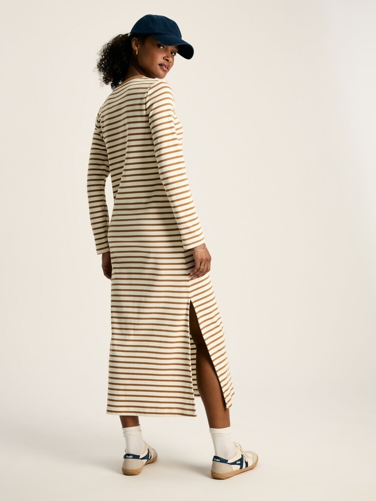 Joules Cleo Tan Brown Striped Long Sleeve Jersey Midi Dress - Image 2 of 7 Joules Cleo Tan Brown Striped Long Sleeve Jersey Midi Dress - Image 2 of 7