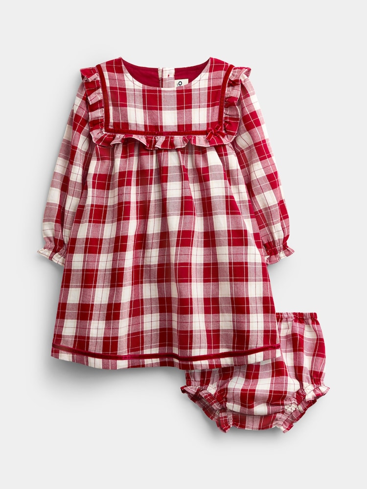 JoJo Maman Bébé Burgundy Red Tartan Baby Dress & Knickers Set - Image 1 of 7 JoJo Maman Bébé Burgundy Red Tartan Baby Dress & Knickers Set - Image 1 of 7