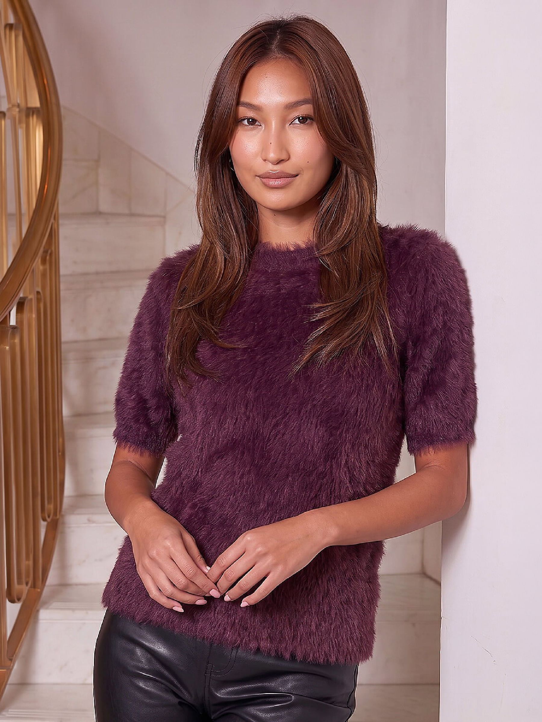 Roman Women's Wine Fluffy Short Sleeve Top Size 16 - Image 2