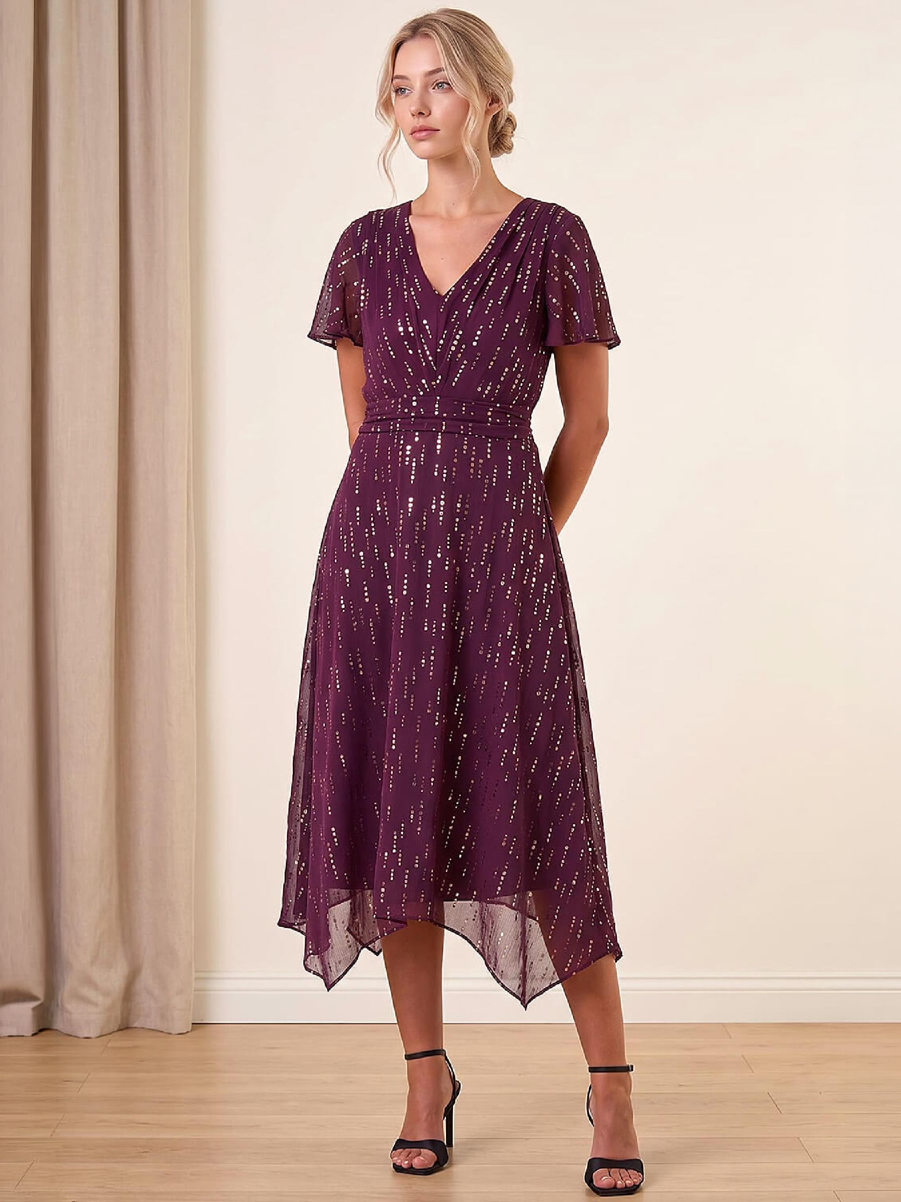 Roman Women's Wine Petite Foil Printed Dress In | : Size 18 - Image 2