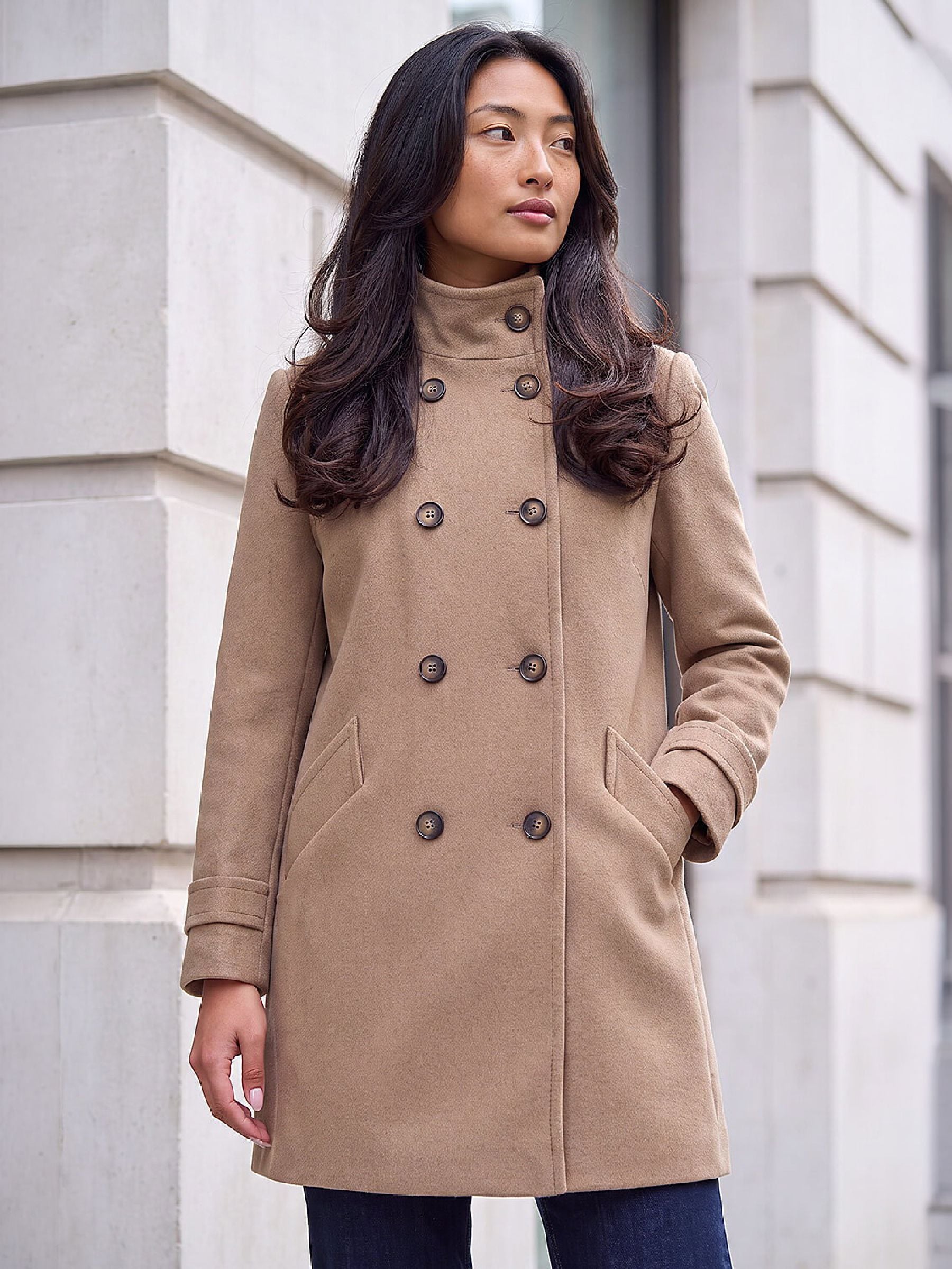Roman Women's Natural Petite Funnel Neck Double Breasted Coat - Image 1