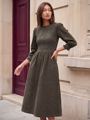 Vert - Robe mi-longue Roman en velours côtelé froncé - Image 1 de 4