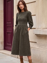 Vert - Robe mi-longue Roman en velours côtelé froncé - Image 2 de 4