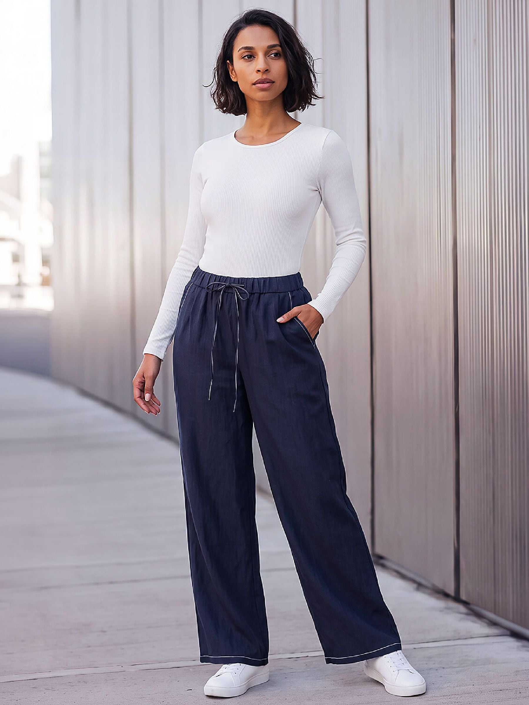 Dusk Women's Indigo Elasticated Wide Leg Trousers | Size: 16 - Image 2
