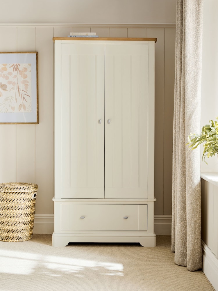 Chalk White Hampton Painted Oak Slim Double, 1 Drawer Wardrobe - Image 1 of 8