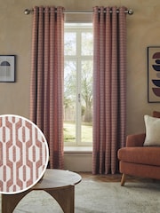 Orange/Neutral Woven Geometric Eyelet Lined Curtains - Image 1 of 6