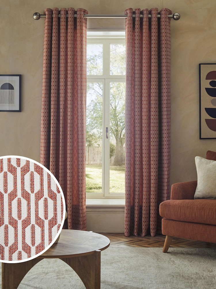Orange/Neutral Woven Geometric Eyelet Lined Curtains - Image 1 of 6