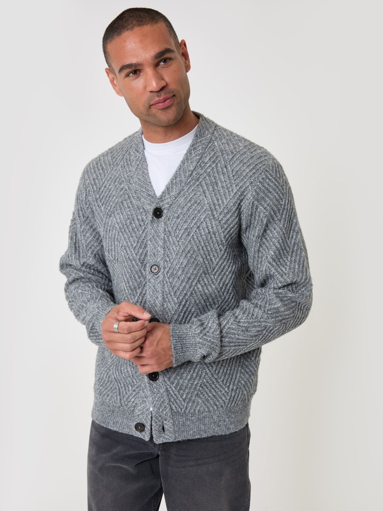 Threadbare Grey Textured Stitch V-Neck Cardigan - Image 1 of 5 Threadbare Grey Textured Stitch V-Neck Cardigan - Image 1 of 5