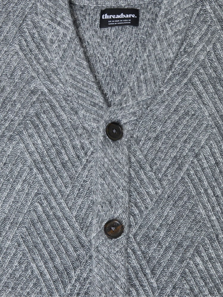Threadbare Grey Textured Stitch V-Neck Cardigan - Image 5 of 5 Threadbare Grey Textured Stitch V-Neck Cardigan - Image 5 of 5