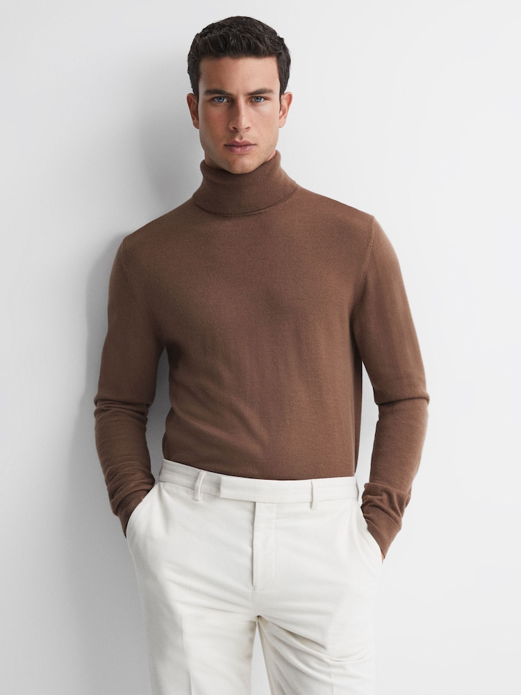 Reiss Brown Sugar Caine Slim Fit Merino Wool Roll Neck Jumper - Image 1 of 5