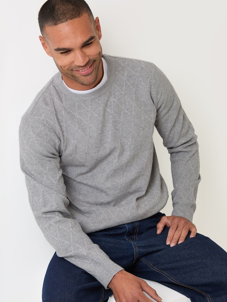Threadbare Grey Diamond Textured Crew Neck Jumper - Image 1 of 5 Threadbare Grey Diamond Textured Crew Neck Jumper - Image 1 of 5
