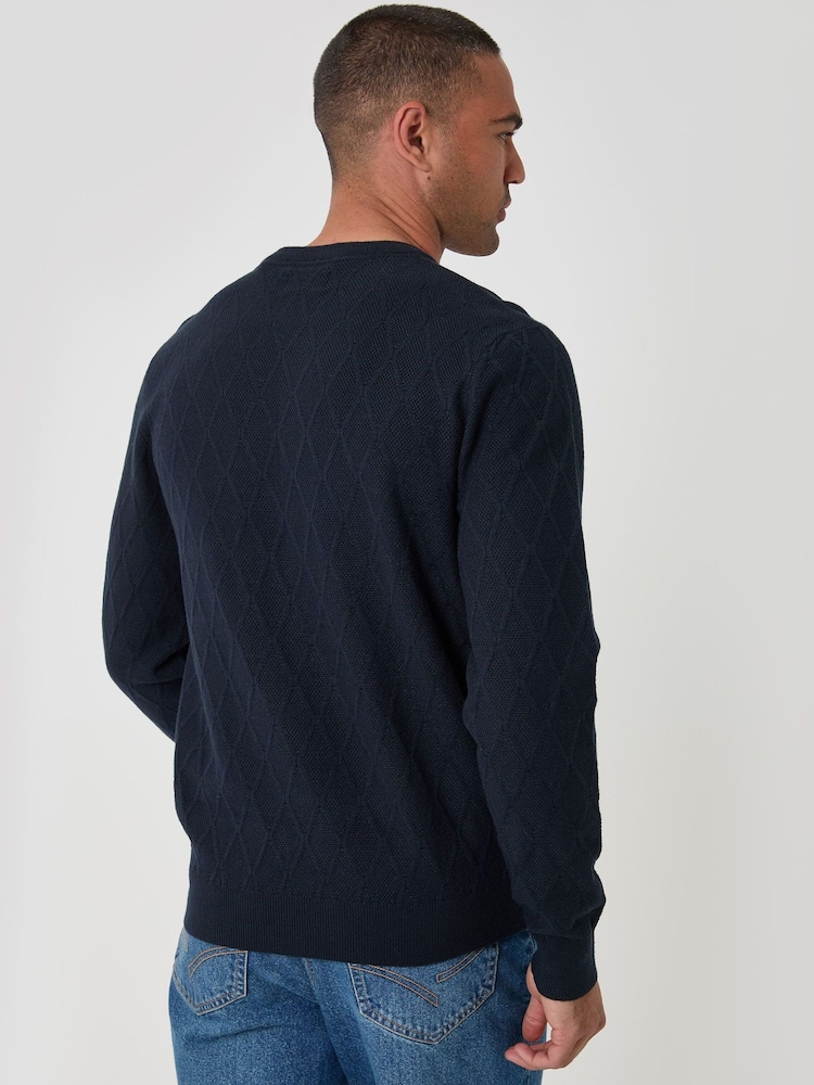 Threadbare Blue Diamond Textured Crew Neck Jumper - Image 2 of 5 Threadbare Blue Diamond Textured Crew Neck Jumper - Image 2 of 5