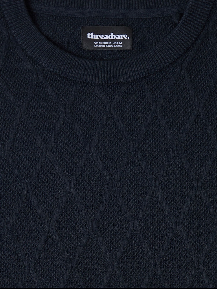 Threadbare Blue Diamond Textured Crew Neck Jumper - Image 5 of 5 Threadbare Blue Diamond Textured Crew Neck Jumper - Image 5 of 5