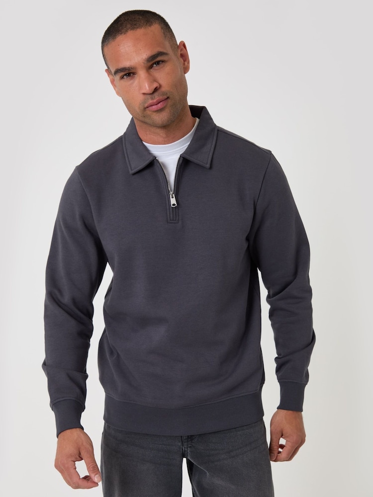 Threadbare Dark Grey Quarter Zip Collared Sweatshirt - Image 1 of 4 Threadbare Dark Grey Quarter Zip Collared Sweatshirt - Image 1 of 4