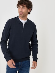 Threadbare Navy Blue Cotton Rich Quarter Zip Long Sleeve Polo Shirt - Image 1 of 4