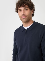 Threadbare Navy Blue Cotton Rich Quarter Zip Long Sleeve Polo Shirt - Image 3 of 4