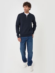 Threadbare Navy Blue Cotton Rich Quarter Zip Long Sleeve Polo Shirt - Image 4 of 4