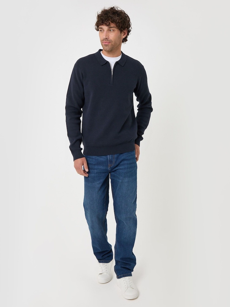 Threadbare Navy Blue Cotton Rich Quarter Zip Long Sleeve Polo Shirt - Image 4 of 4 Threadbare Navy Blue Cotton Rich Quarter Zip Long Sleeve Polo Shirt - Image 4 of 4