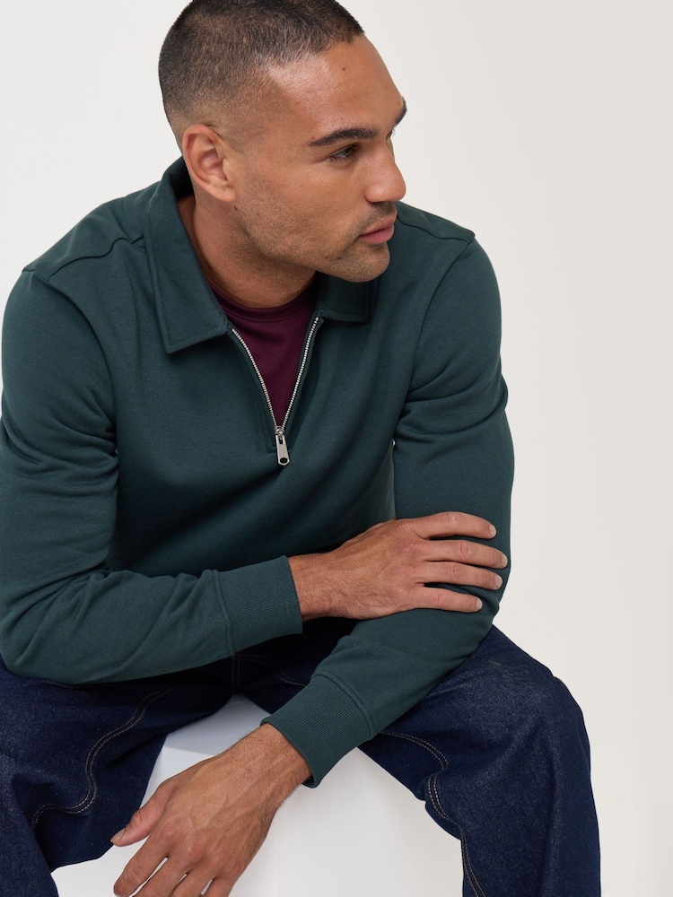 Threadbare Green Quarter Zip Collared Sweatshirt - Image 1 of 5 Threadbare Green Quarter Zip Collared Sweatshirt - Image 1 of 5