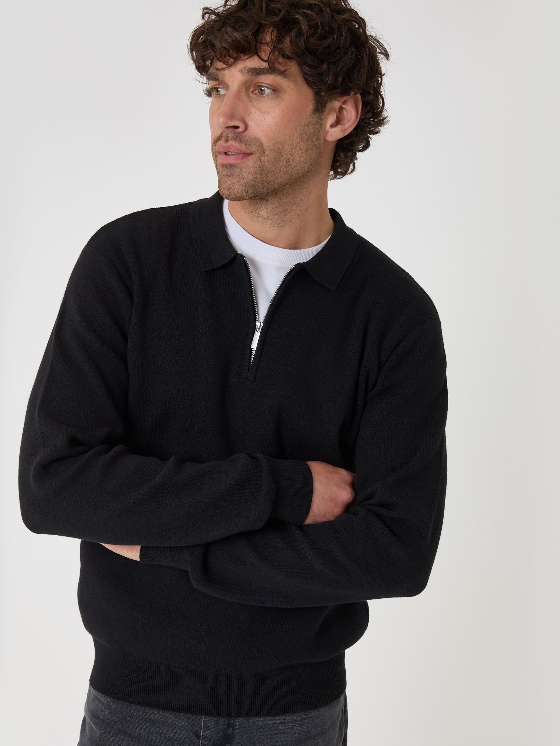 Threadbare Men's Black Cotton Rich Quarter Zip Long Sleeve Polo In | : 2XL - Image 1