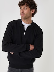 Threadbare Black Cotton Rich Quarter Zip Long Sleeve Polo Shirt - Image 1 of 4