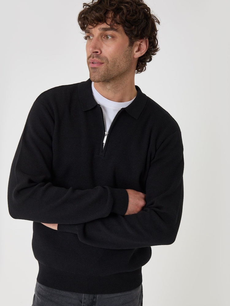 Threadbare Black Cotton Rich Quarter Zip Long Sleeve Polo Shirt - Image 1 of 4