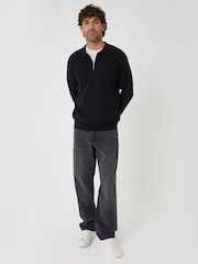 Threadbare Black Cotton Rich Quarter Zip Long Sleeve Polo Shirt - Image 3 of 4