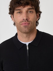 Threadbare Black Cotton Rich Quarter Zip Long Sleeve Polo Shirt - Image 4 of 4
