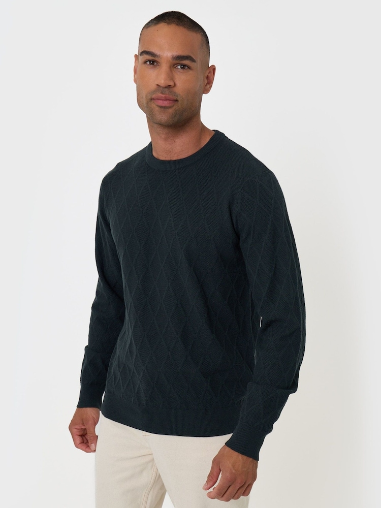 Threadbare Green Diamond Textured Crew Neck Jumper - Image 1 of 5 Threadbare Green Diamond Textured Crew Neck Jumper - Image 1 of 5