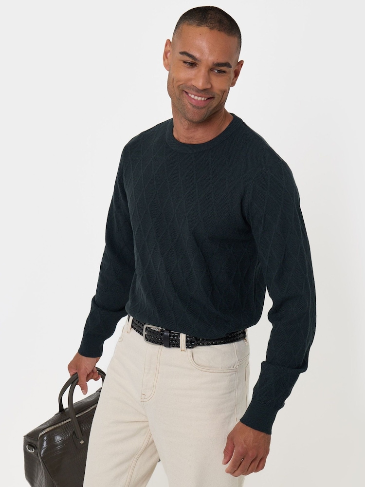 Threadbare Green Diamond Textured Crew Neck Jumper - Image 2 of 5 Threadbare Green Diamond Textured Crew Neck Jumper - Image 2 of 5