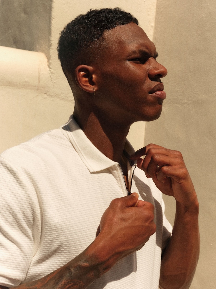 White Short Sleeve Textured Quarter Zip Polo Shirts - Image 1 of 9