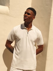 White Short Sleeve Textured Quarter Zip Polo Shirts - Image 2 of 9