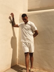 White Short Sleeve Textured Quarter Zip Polo Shirts - Image 3 of 9