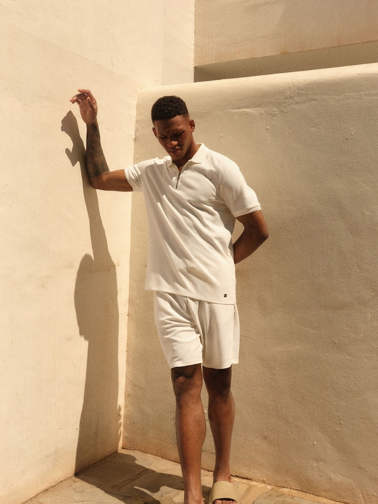 White Short Sleeve Textured Quarter Zip Polo Shirts - Image 3 of 9