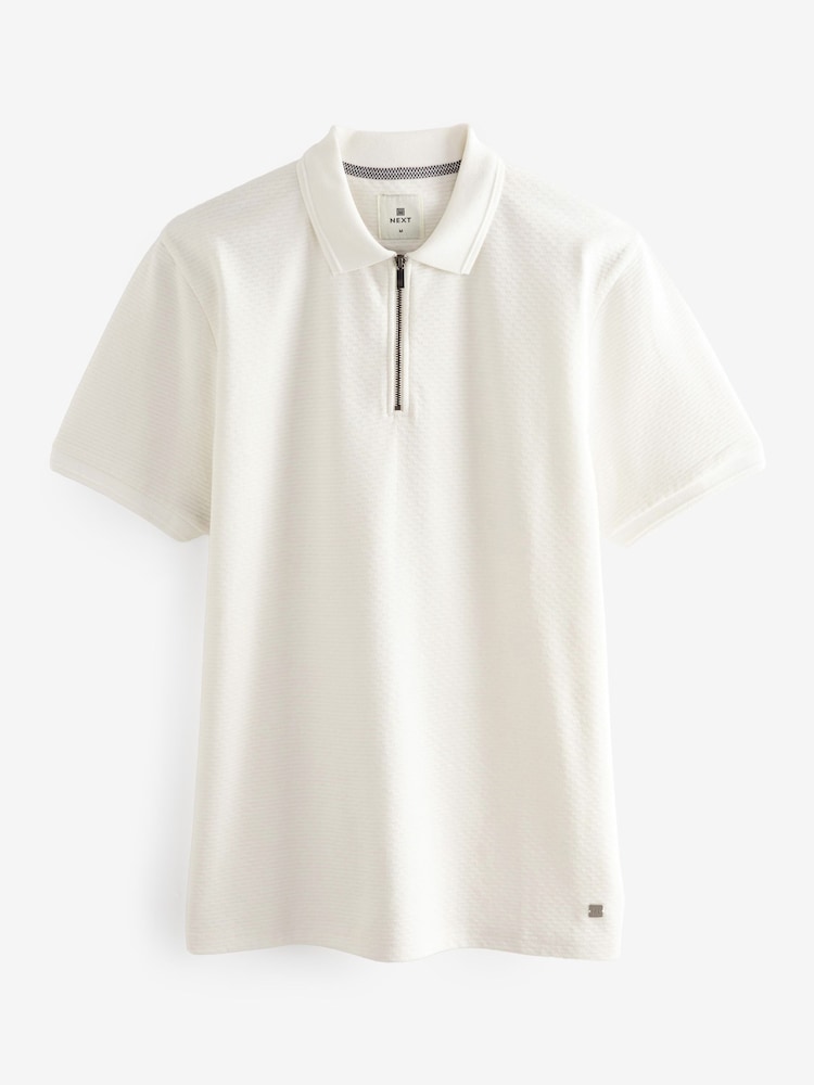 White Short Sleeve Textured Quarter Zip Polo Shirts - Image 6 of 9