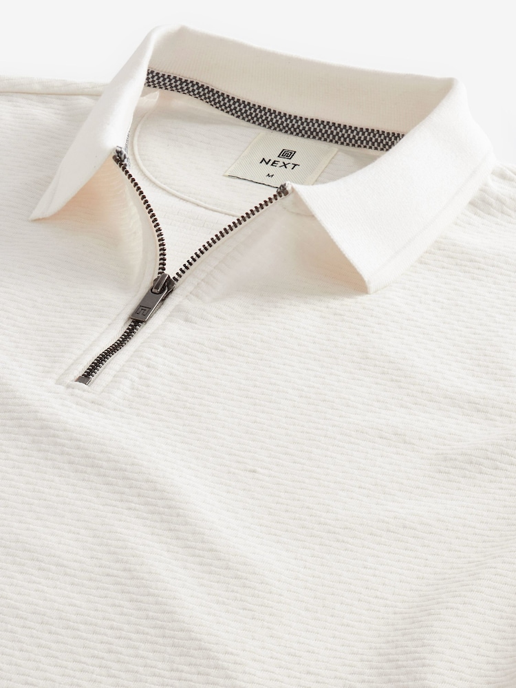 White Short Sleeve Textured Quarter Zip Polo Shirts - Image 8 of 9