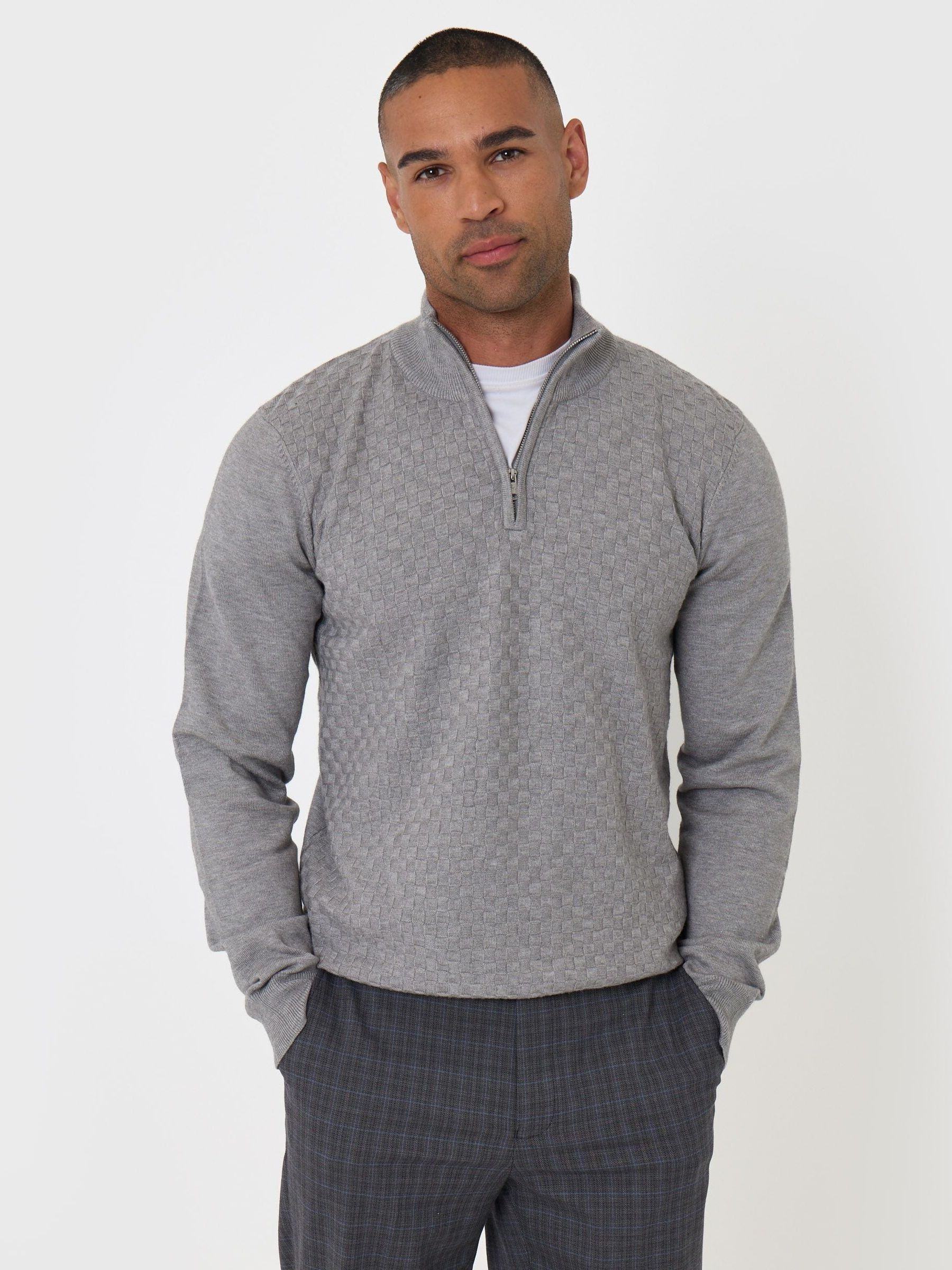 Threadbare Men's Grey Basket Stitch Quarter Zip Jumper