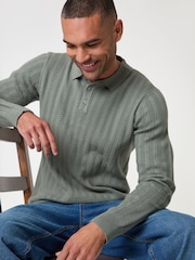 Threadbare Green Textured Cable Knit Polo Jumper - Image 1 of 4