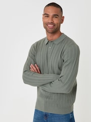 Threadbare Green Textured Cable Knit Polo Jumper - Image 2 of 4