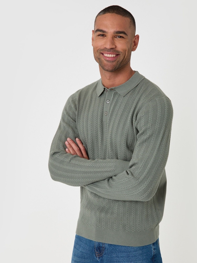 Threadbare Green Textured Cable Knit Polo Jumper - Image 2 of 4 Threadbare Green Textured Cable Knit Polo Jumper - Image 2 of 4