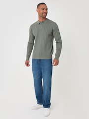 Threadbare Green Textured Cable Knit Polo Jumper - Image 4 of 4