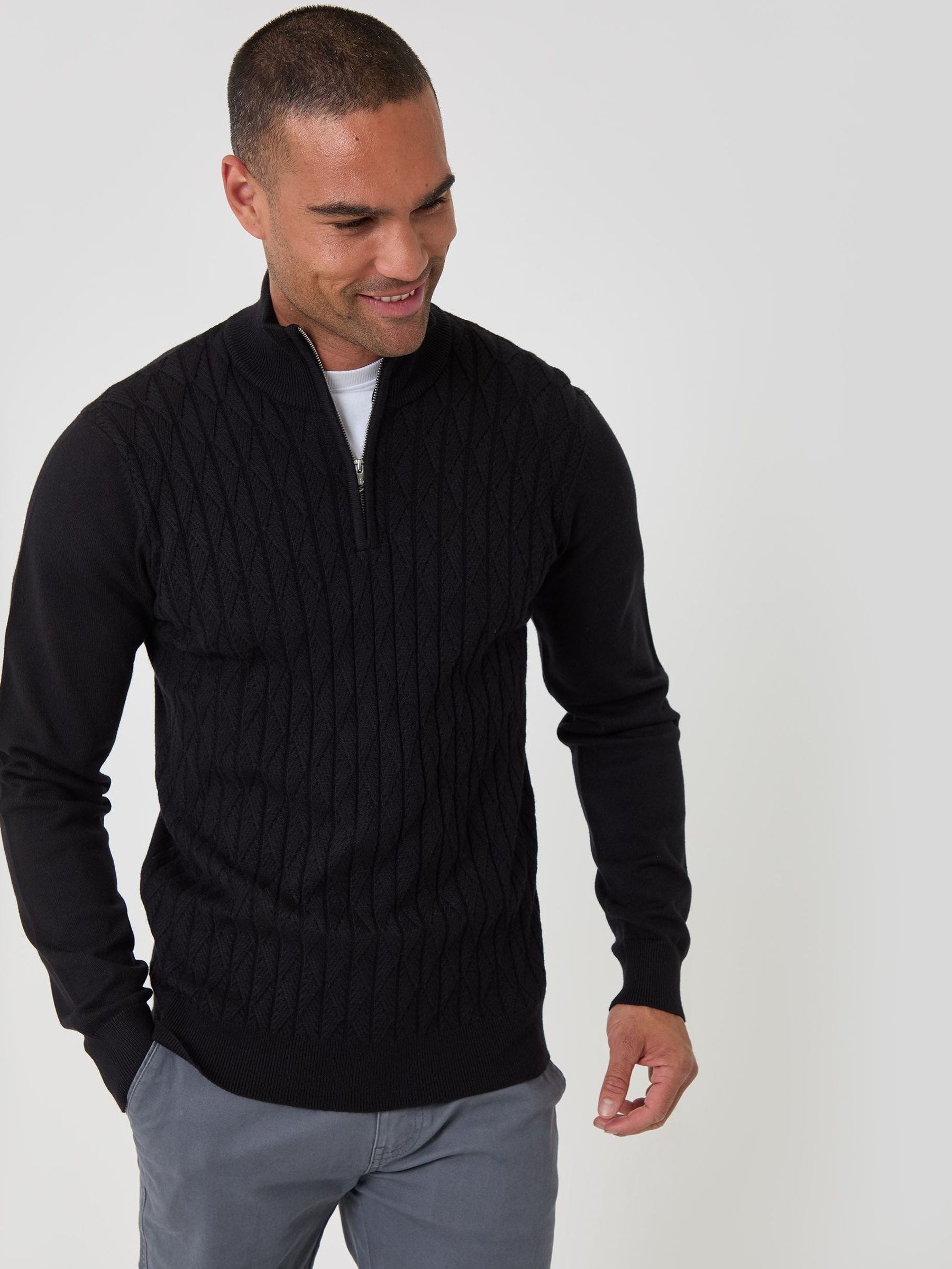 Threadbare Men's Black Diamond Cable Knit Quarter Zip Jumper