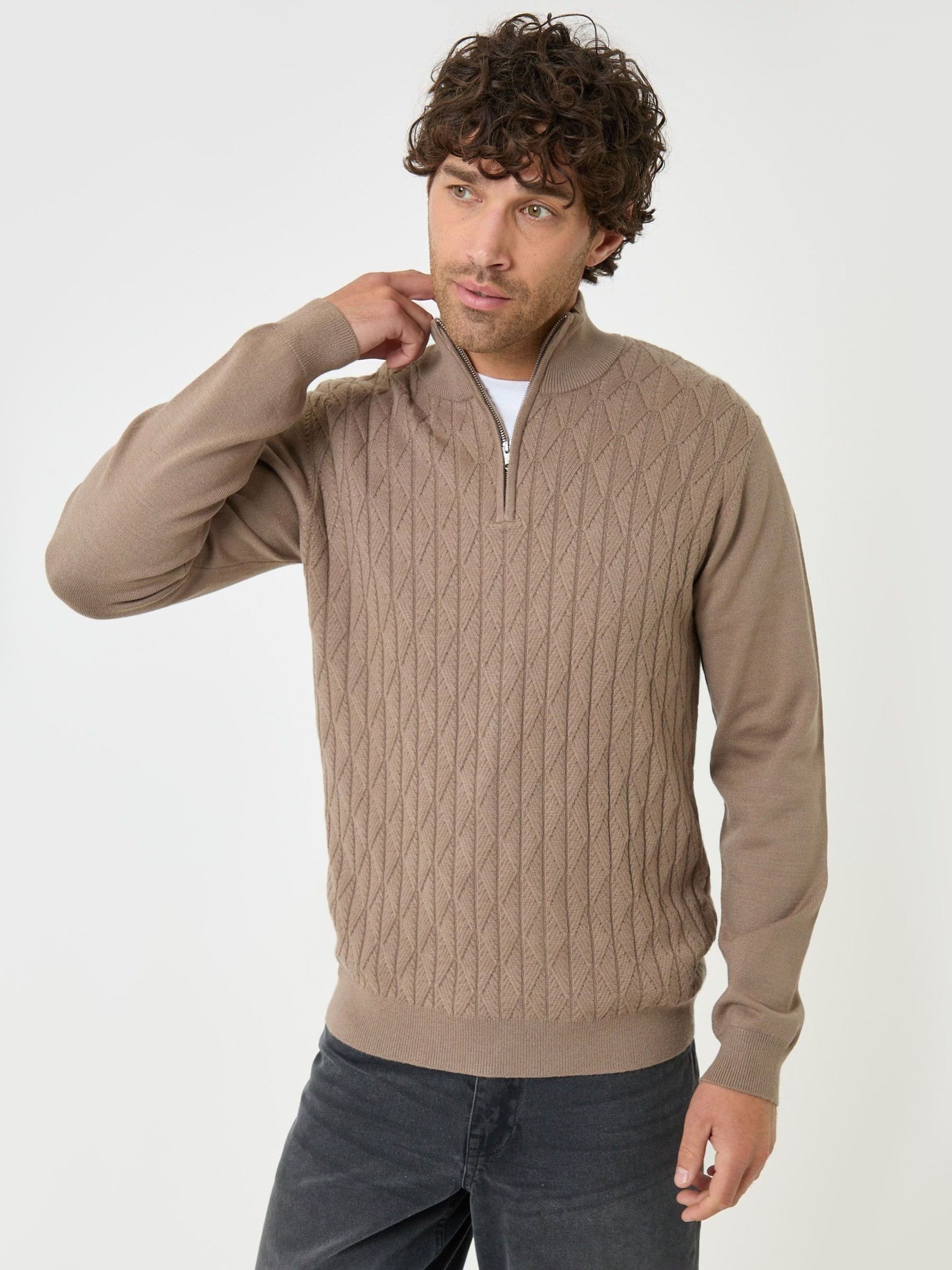 Threadbare Men's Brown Diamond Cable Knit Quarter Zip Jumper