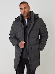 Threadbare Grey Showerproof Hooded Puffer Coat with Adjustable Waist - Image 1 of 5