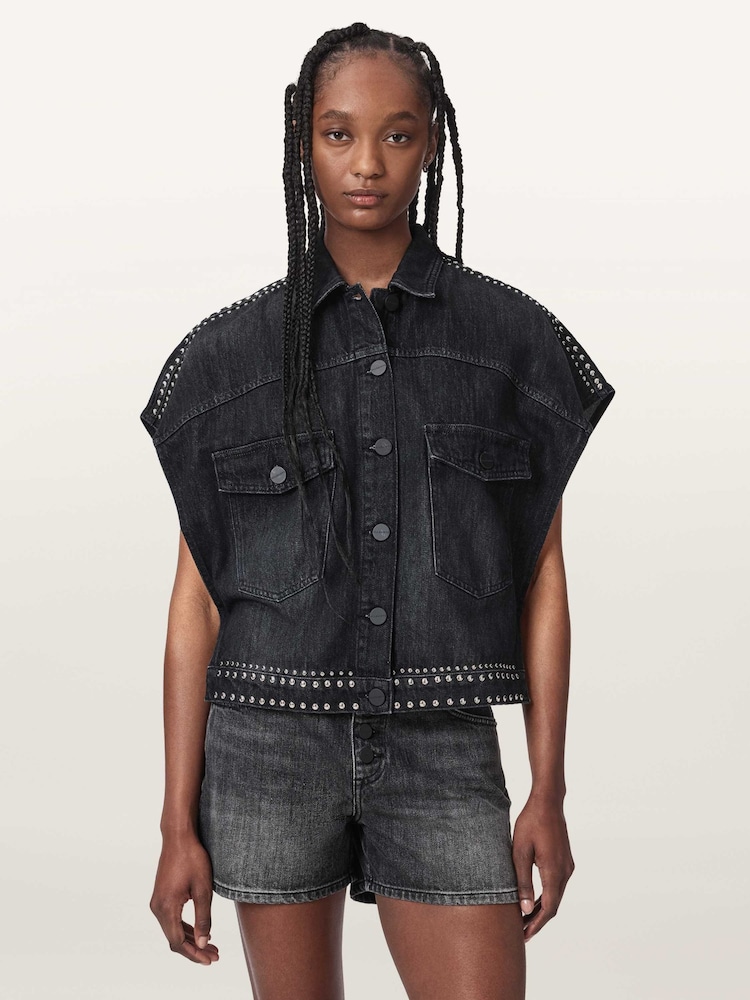 AllSaints Black Alba Stud Short Sleeve Shirt - Image 1 of 6 AllSaints Black Alba Stud Short Sleeve Shirt - Image 1 of 6