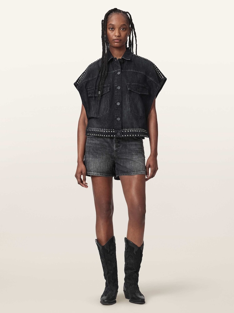 AllSaints Black Alba Stud Short Sleeve Shirt - Image 2 of 6 AllSaints Black Alba Stud Short Sleeve Shirt - Image 2 of 6