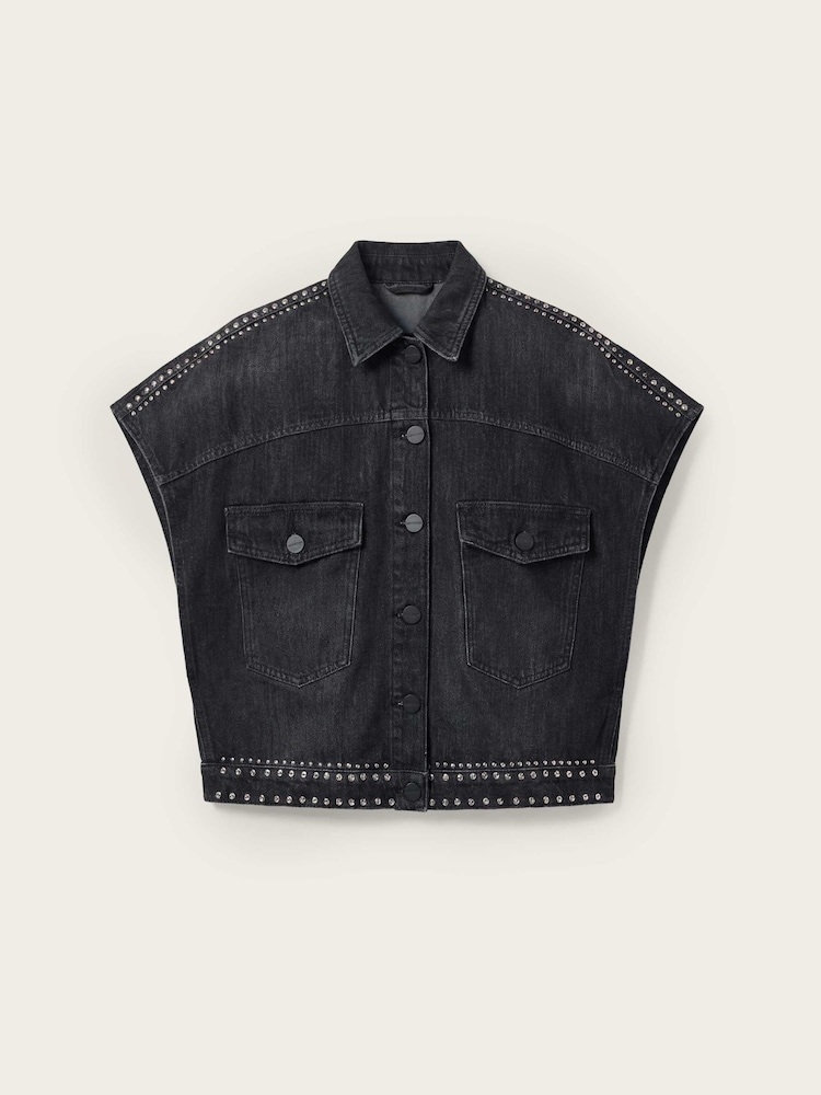 AllSaints Black Alba Stud Short Sleeve Shirt - Image 6 of 6 AllSaints Black Alba Stud Short Sleeve Shirt - Image 6 of 6